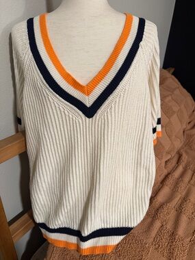 STYLUS Cream V-Neck Sweater with Navy & Orange Trim